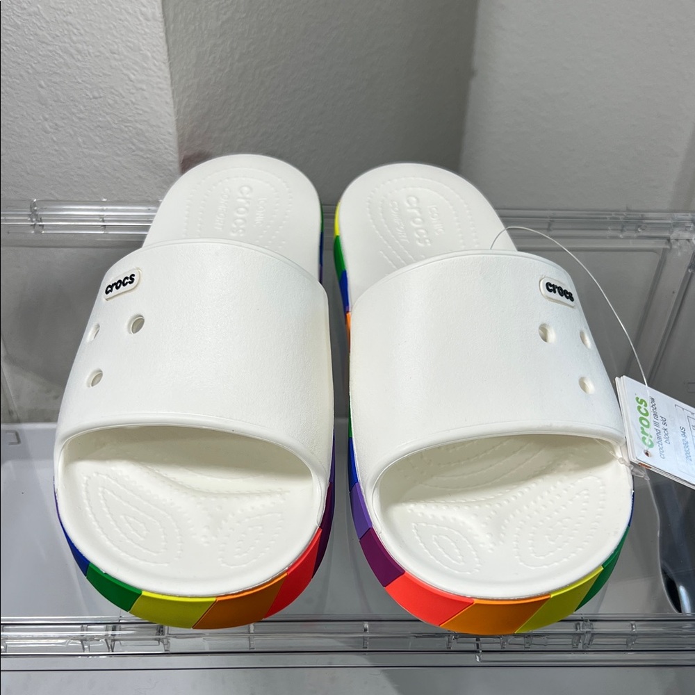 CROCS White Slide Sandals with Rainbow Trim Platform